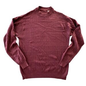 Silk Blend Grid Knit Mockneck Sweater Mens M Burgundy Minimalist Fall Capsule